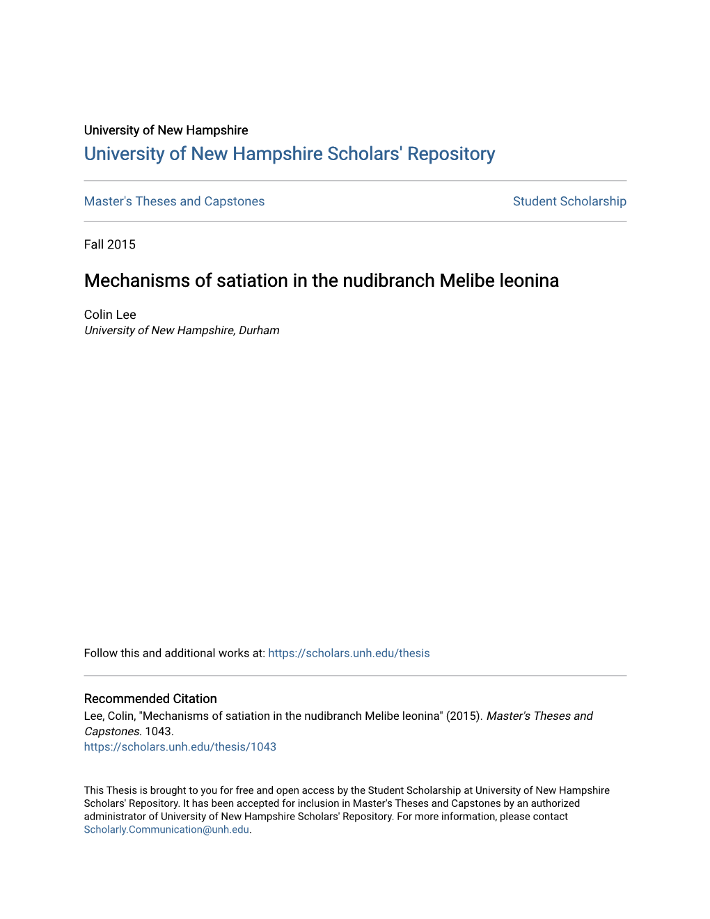 Mechanisms of Satiation in the Nudibranch Melibe Leonina