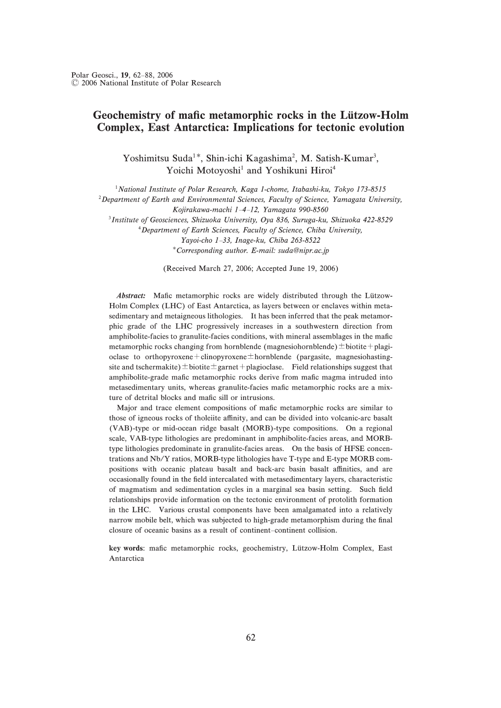 Geochemistry of Mafic Metamorphic Rocks in the Lu¨Tzow-Holm