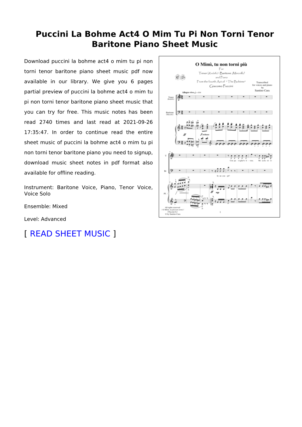 Puccini La Bohme Act4 O Mim Tu Pi Non Torni Tenor Baritone Piano Sheet Music
