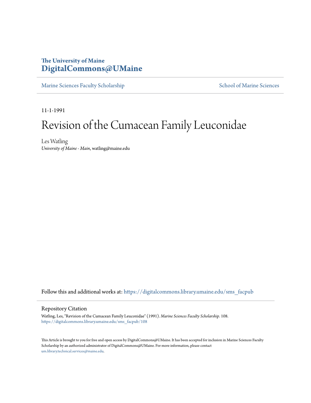 Revision of the Cumacean Family Leuconidae Les Watling University of Maine - Main, Watling@Maine.Edu