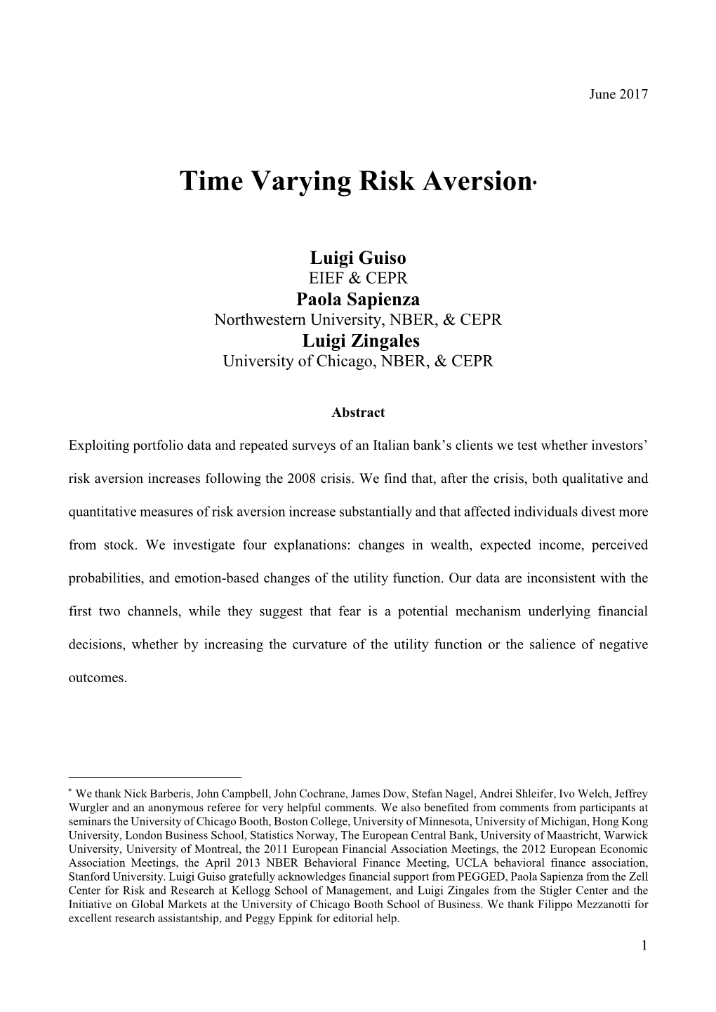 Time Varying Risk Aversion∗