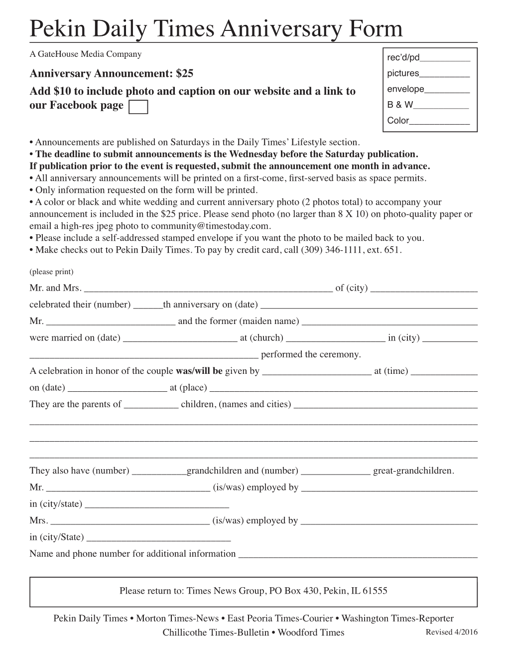 Pekin Daily Times Anniversary Form