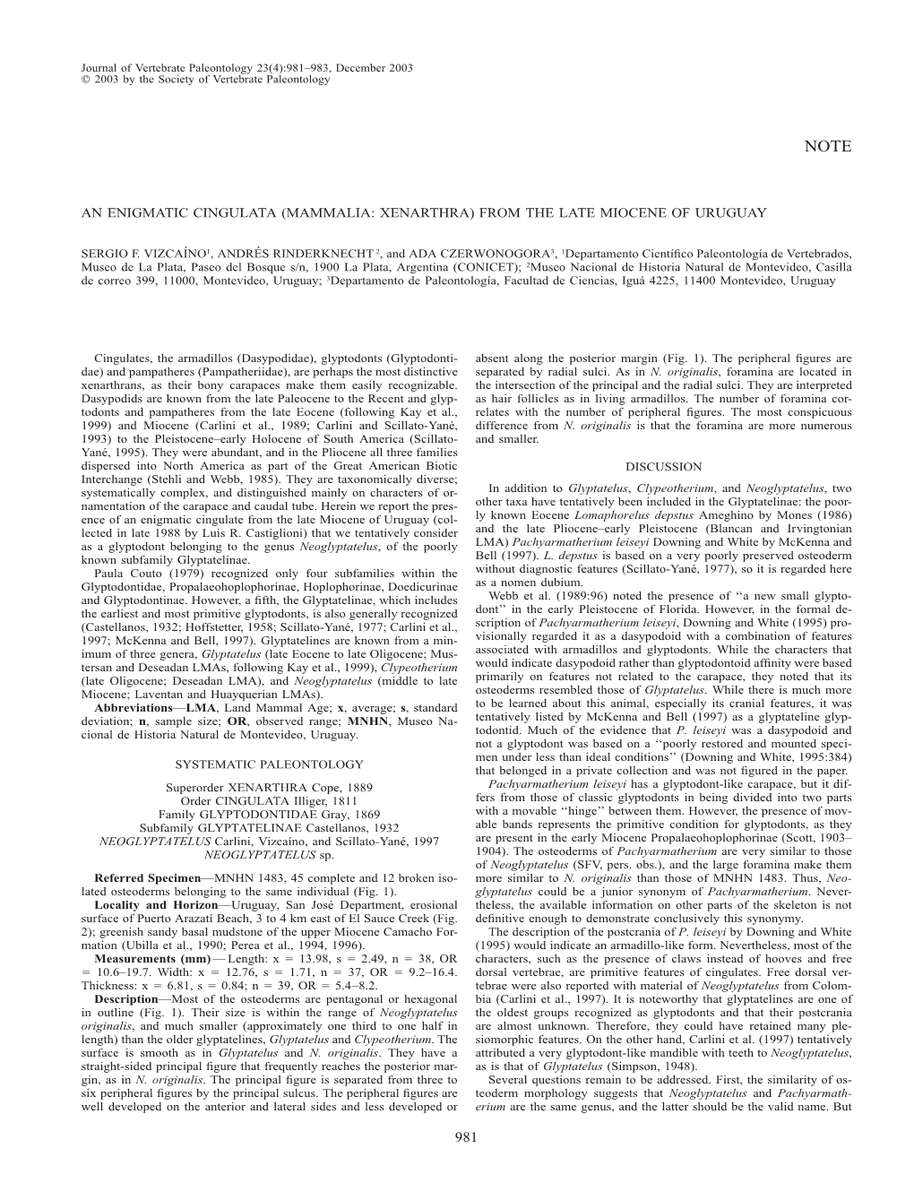 (Mammalia: Xenarthra) from the Late Miocene of Uruguay