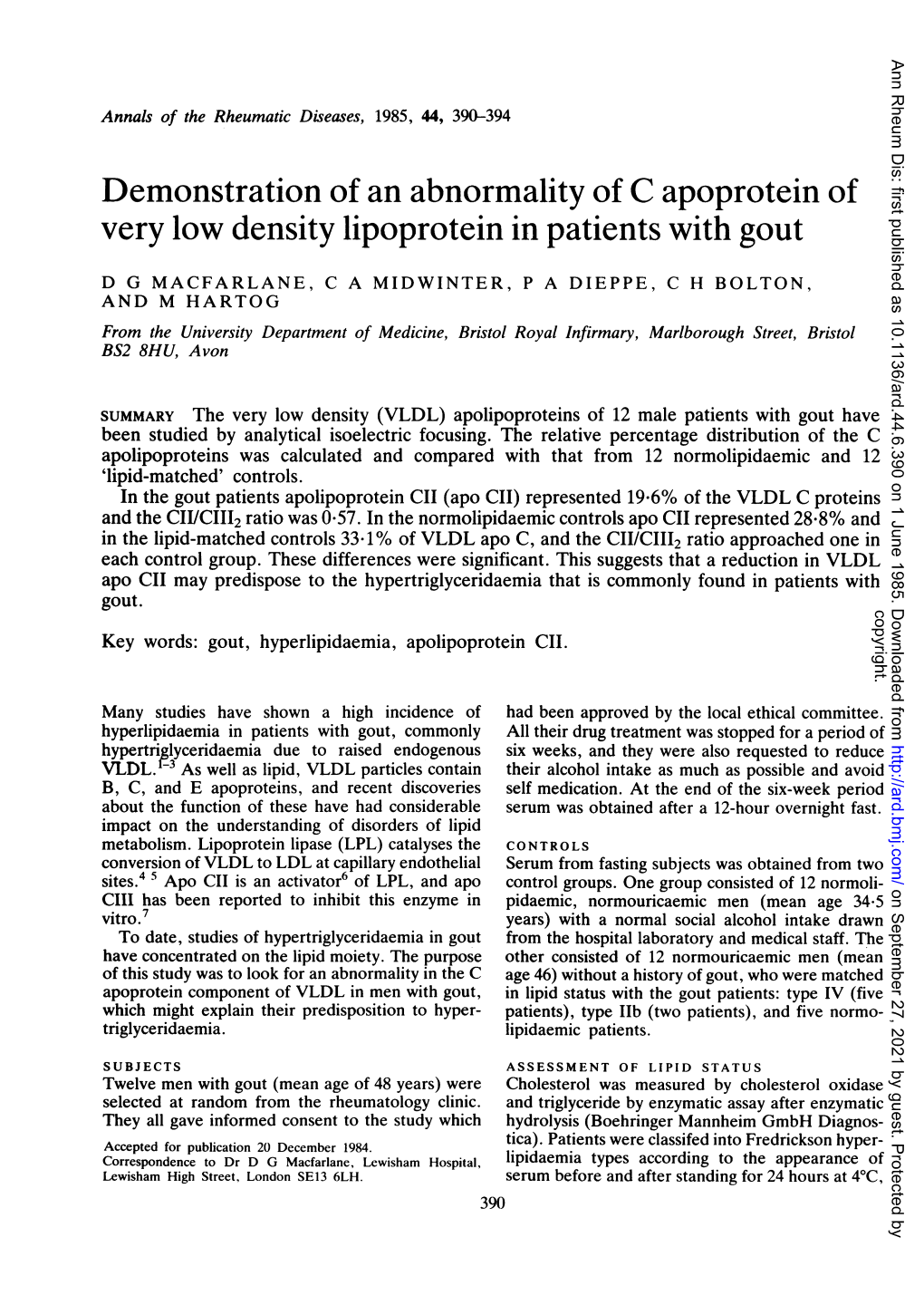 Very Low Density Lipoprotein in Patients with Gout