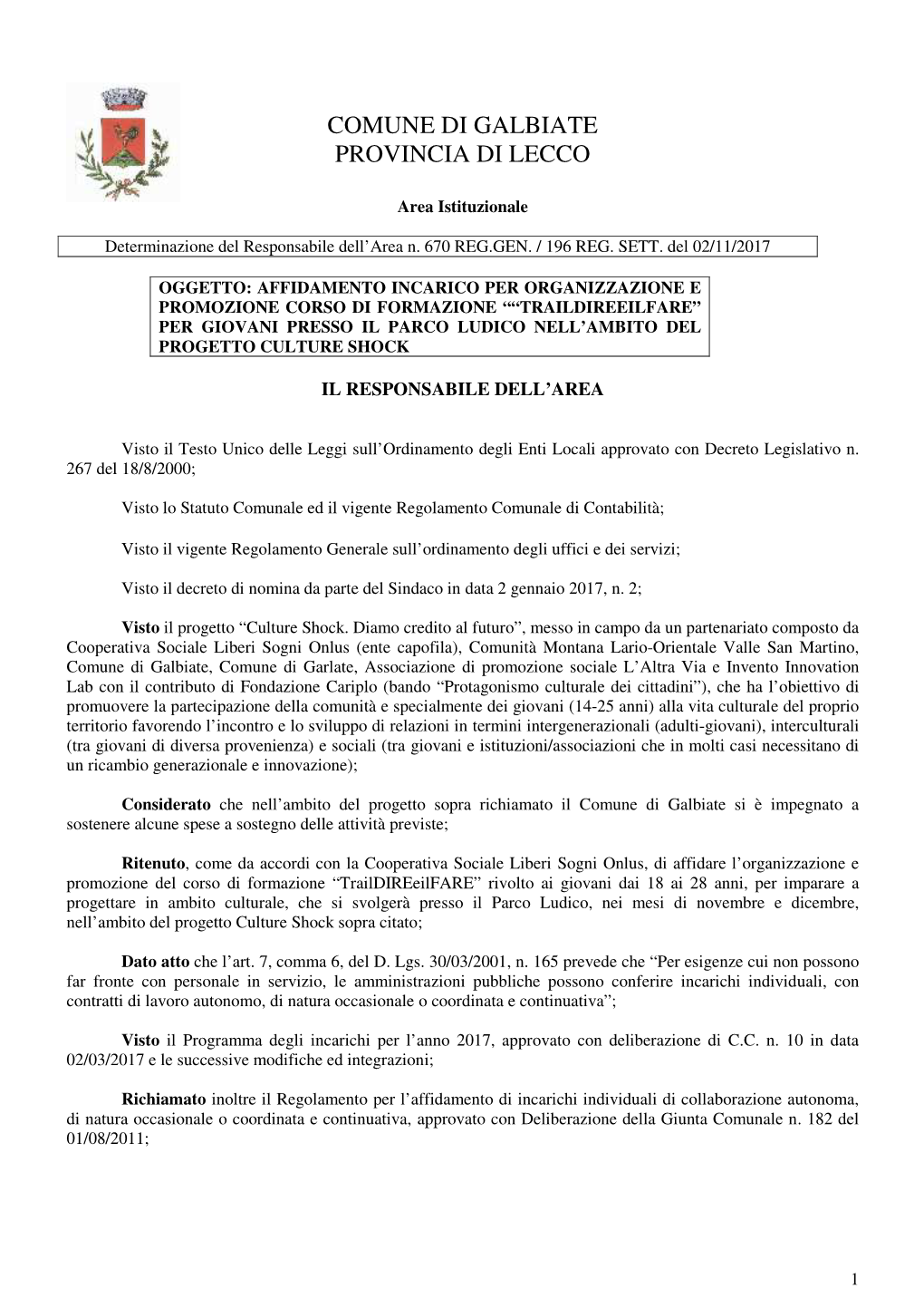 Comune Di Galbiate Provincia Di Lecco