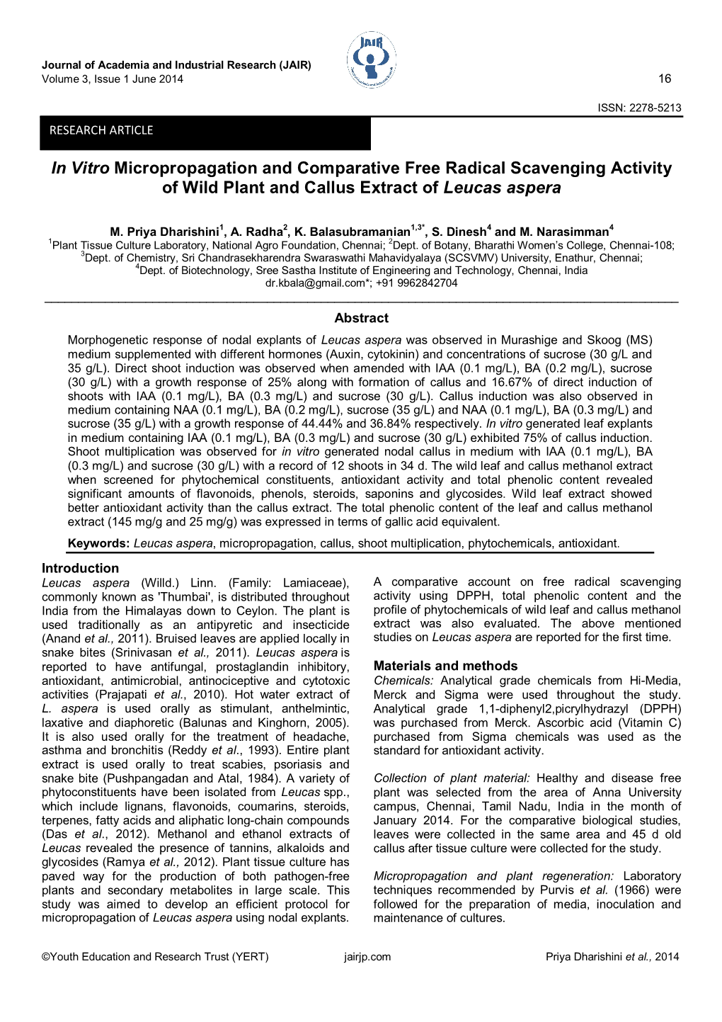 In Vitro Micropropagation and Comparative Free Radical Scavenging Activity of Wild Plant and Callus Extract of Leucas Aspera