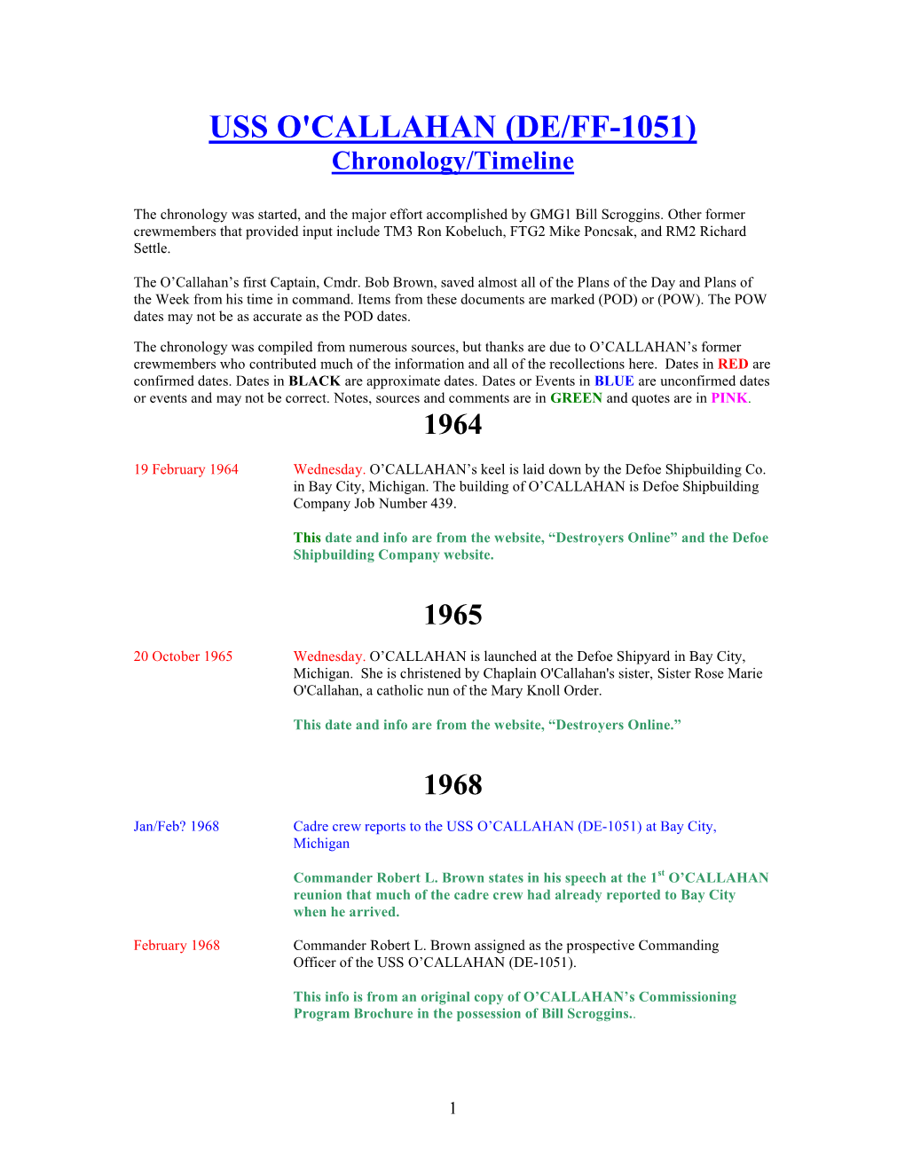 USS O'callahan (DE/FF-1051) Chronology/Timeline