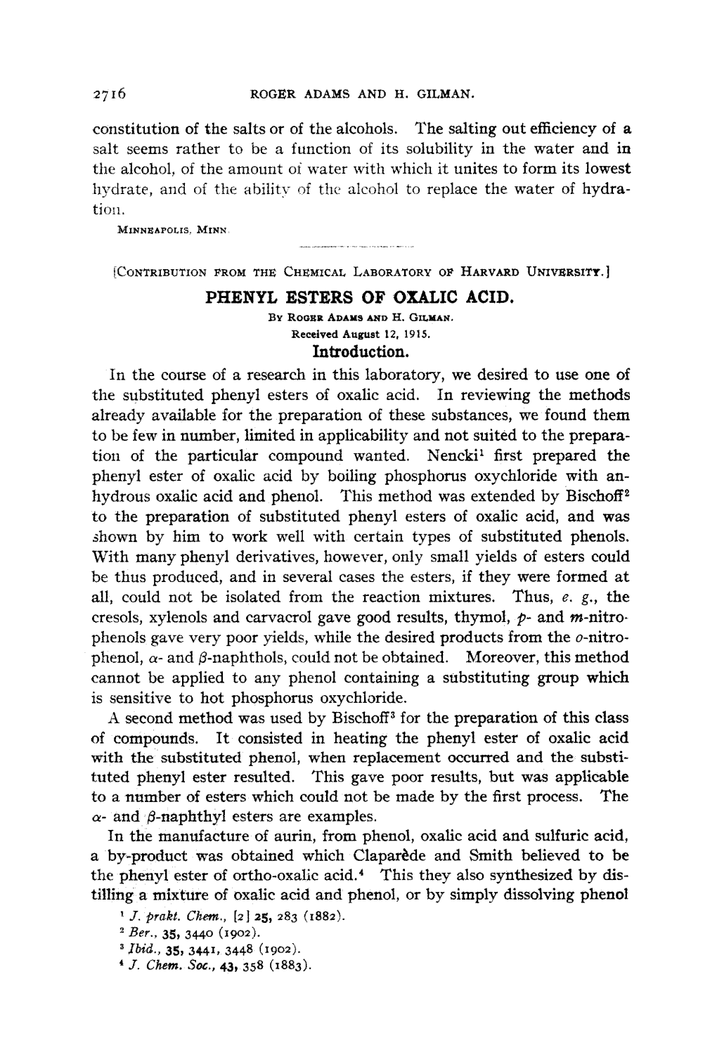 Phenyl Esters of Oxalic Acid. by Rogsradams and H