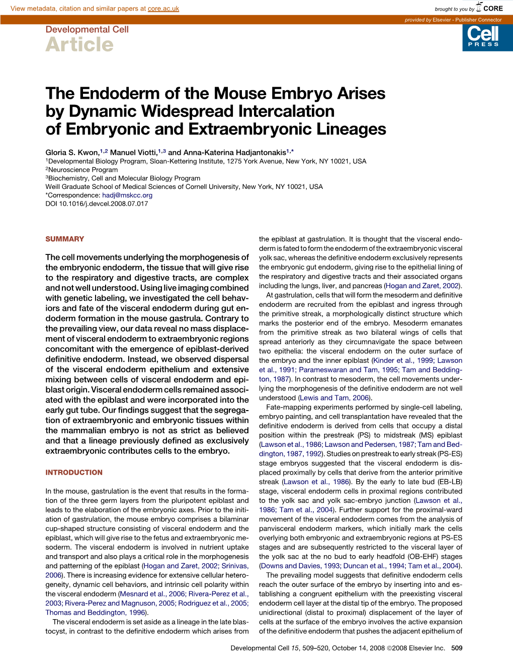 The Endoderm of the Mouse Embryo Arises by Dynamic Widespread Intercalation of Embryonic and Extraembryonic Lineages