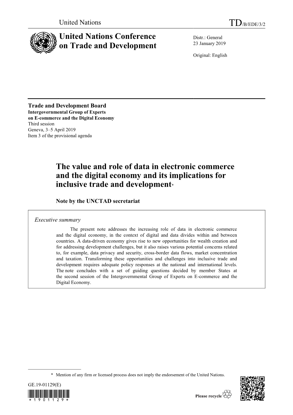 The Value and Role of Data in Electronic Commerce and the Digital Economy and Its Implications for Inclusive Trade and Development*