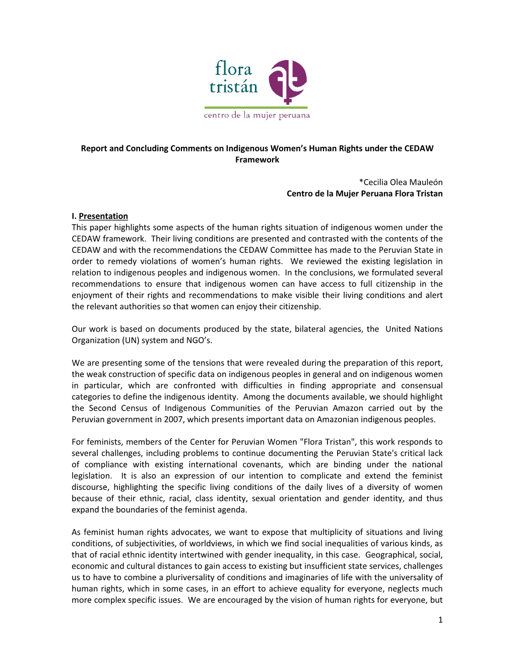 Report and Concluding Comments on Indigenous Women's Human Rights