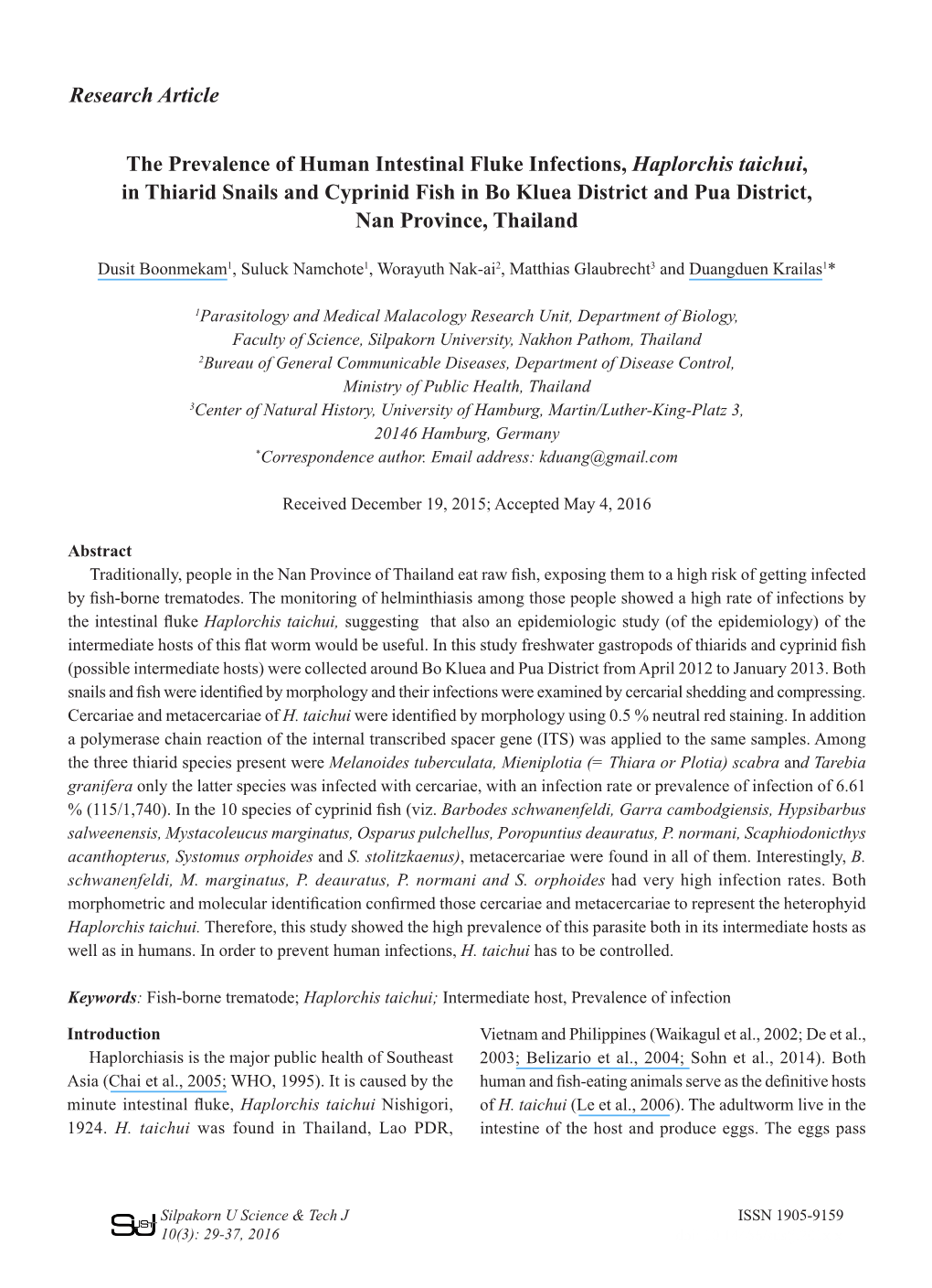 The Prevalence of Human Intestinal Fluke Infections, Haplorchis Taichui