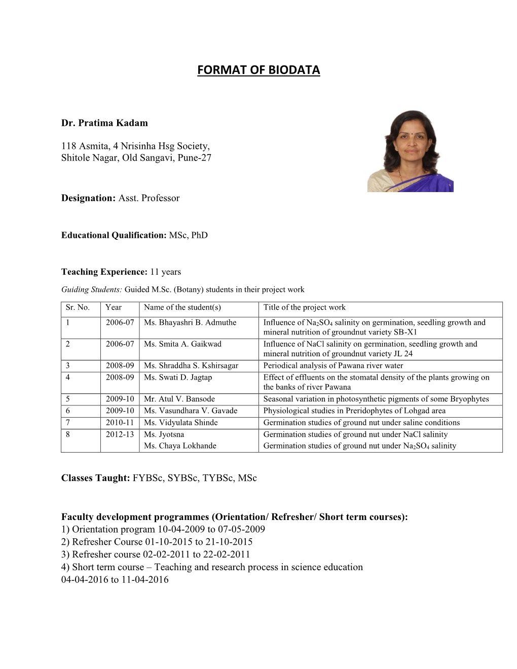 Format of Biodata