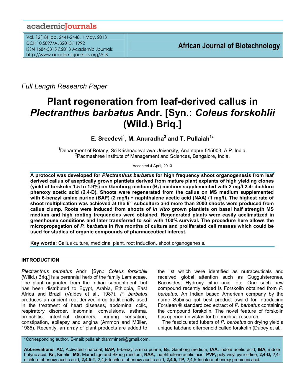 Plant Regeneration from Leaf-Derived Callus in Plectranthus Barbatus Andr