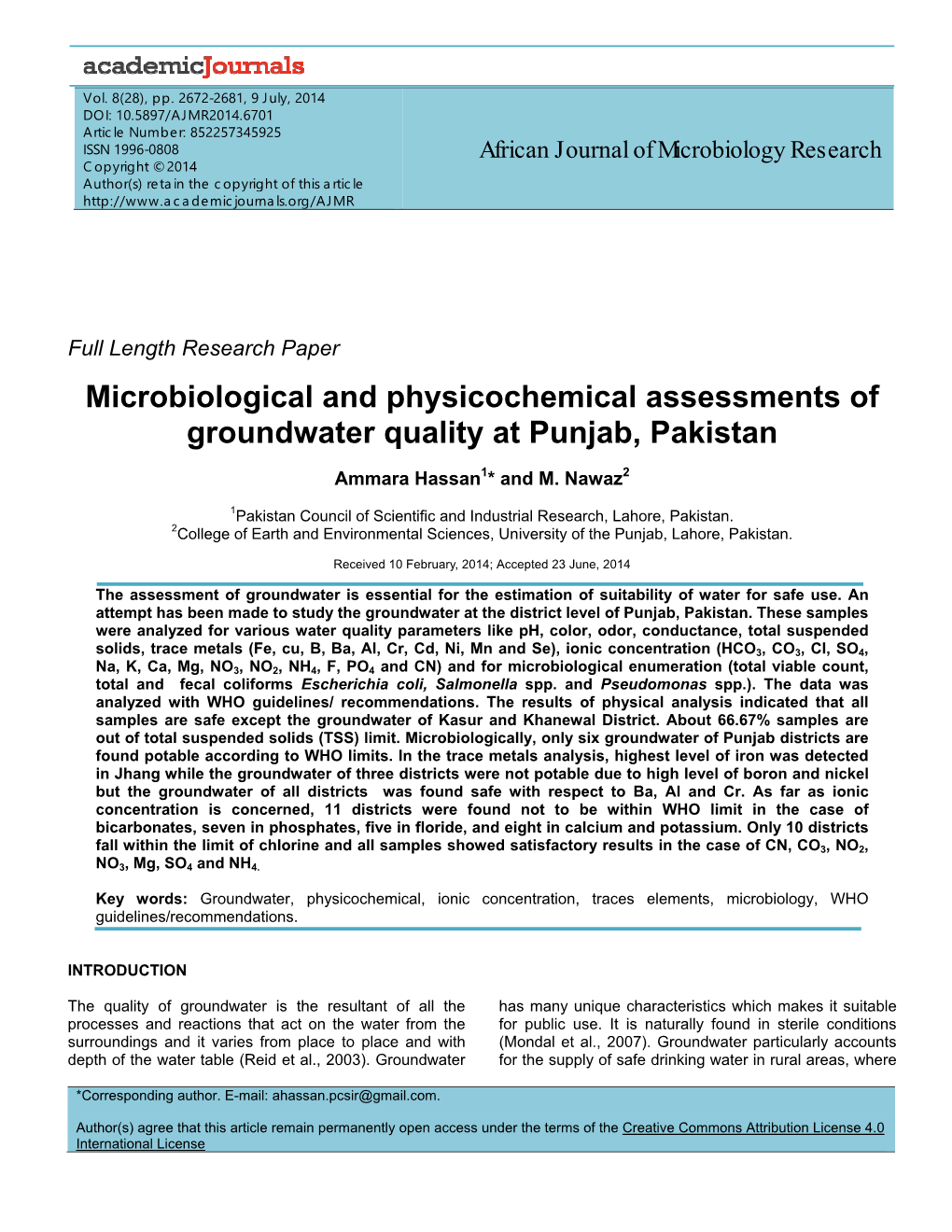 Microbiological and Physicochemical Assessments of Groundwater Quality at Punjab, Pakistan