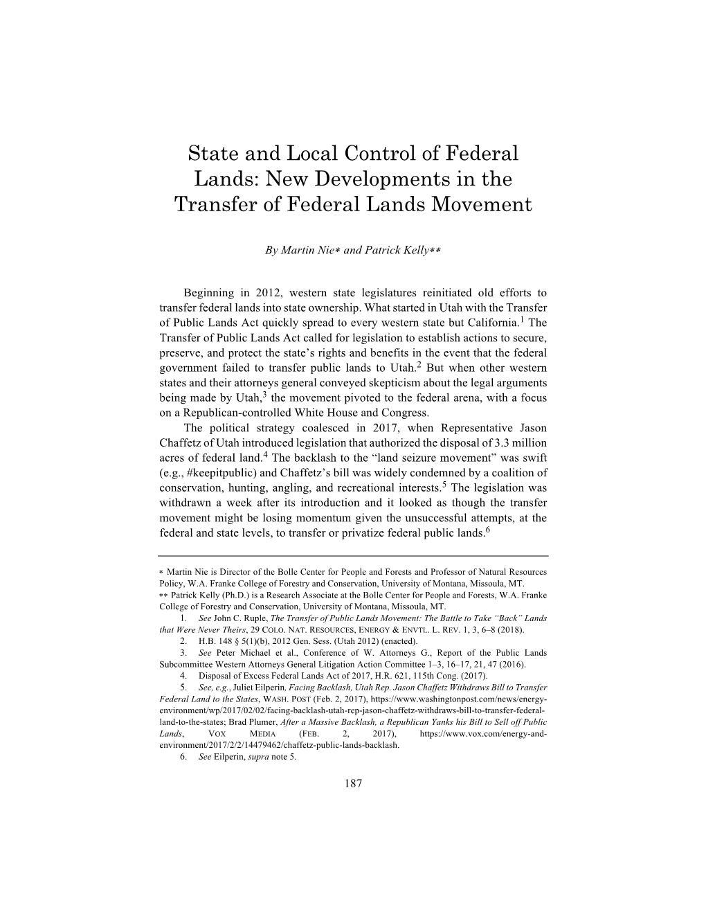 State and Local Control of Federal Lands: New Developments in the Transfer of Federal Lands Movement