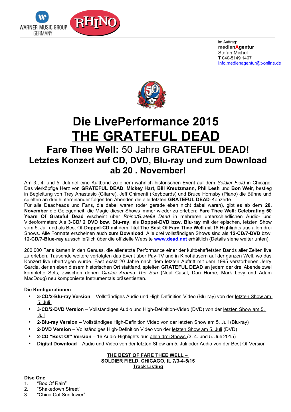 THE GRATEFUL DEAD Fare Thee Well: 50 Jahre GRATEFUL DEAD! Letztes Konzert Auf CD, DVD, Blu-Ray Und Zum Download Ab 20