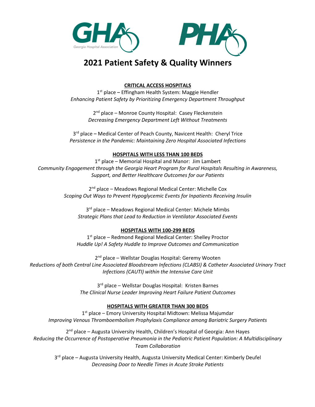 2021 Patient Safety & Quality Winners