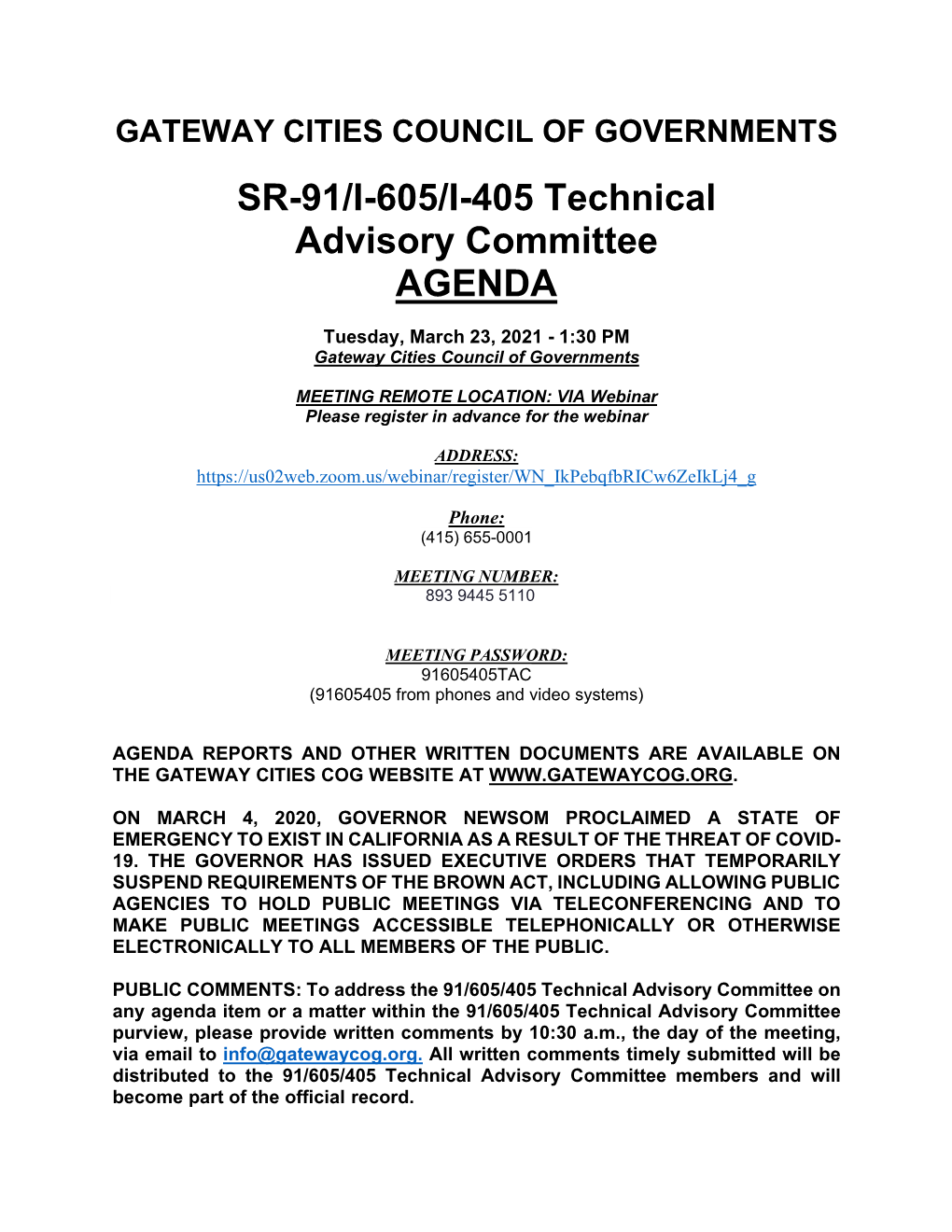 SR-91/I-605/I-405 Technical Advisory Committee AGENDA