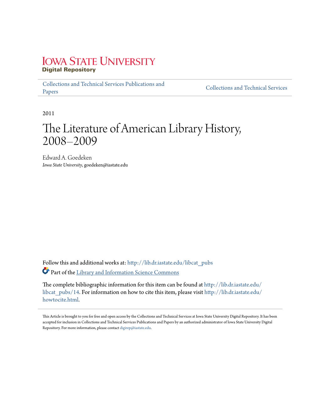 The Literature of American Library History, 2008–2009 Edward A