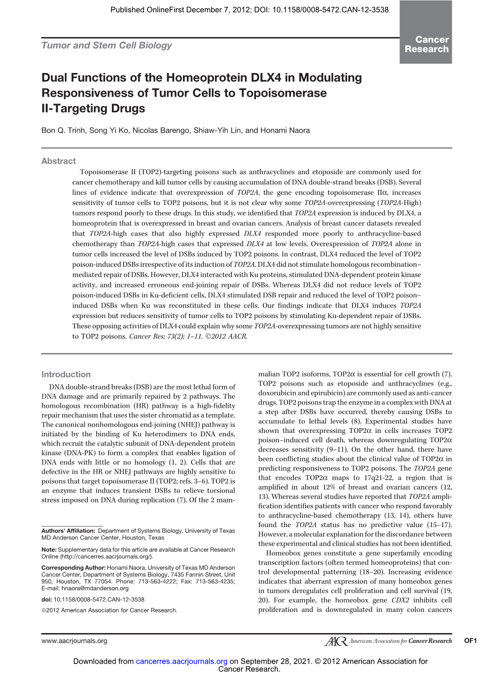 Dual Functions of the Homeoprotein DLX4 in Modulating Responsiveness of Tumor Cells to Topoisomerase II-Targeting Drugs