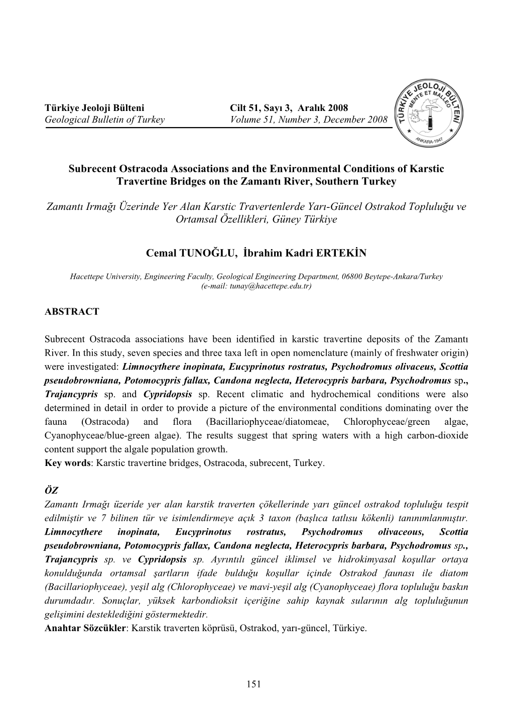 Subrecent Ostracoda Associations and the Environmental Conditions of Karstic Travertine Bridges on the Zamantı River, Southern Turkey