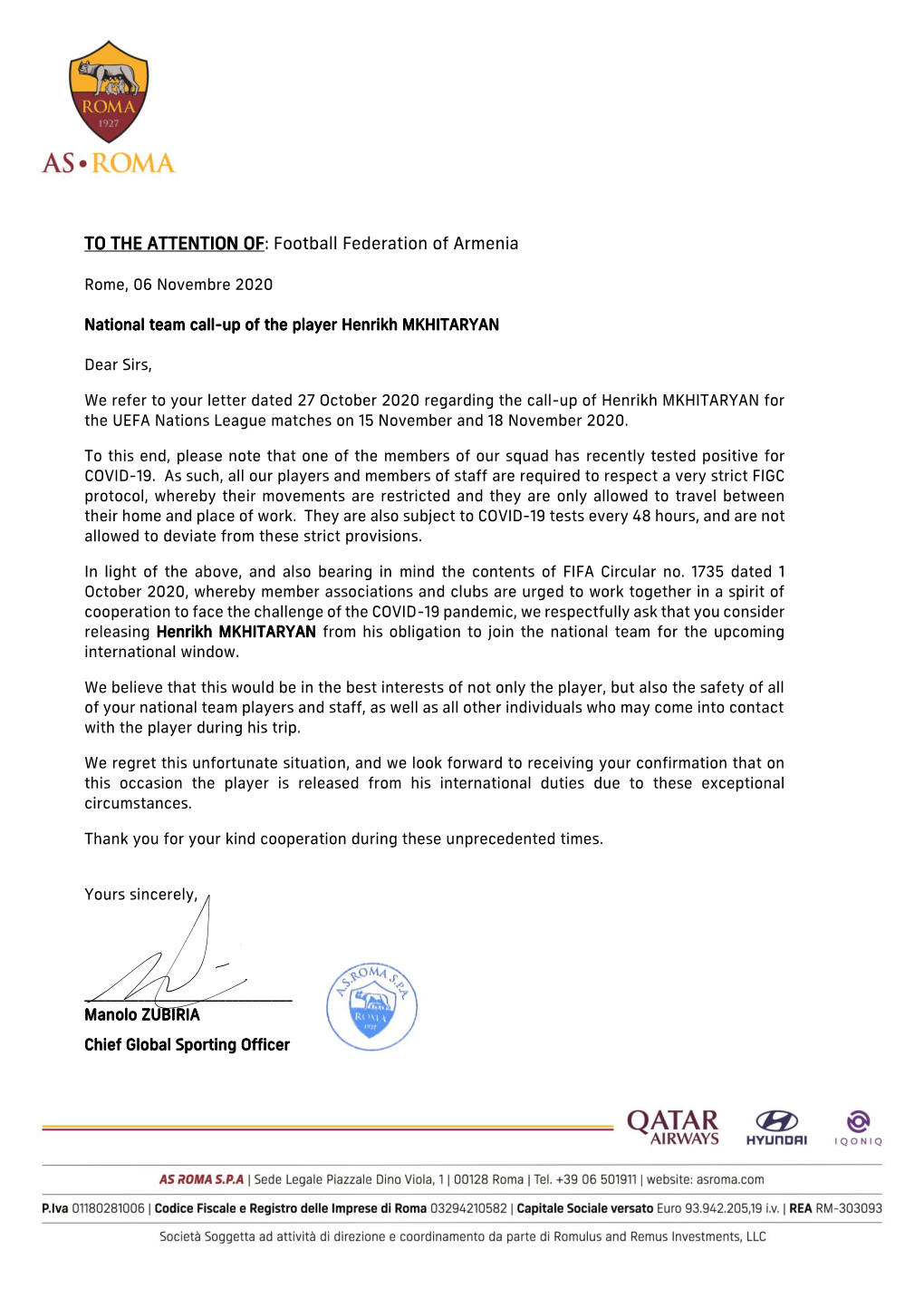 TO the ATTENTION OF: Football Federation of Armenia