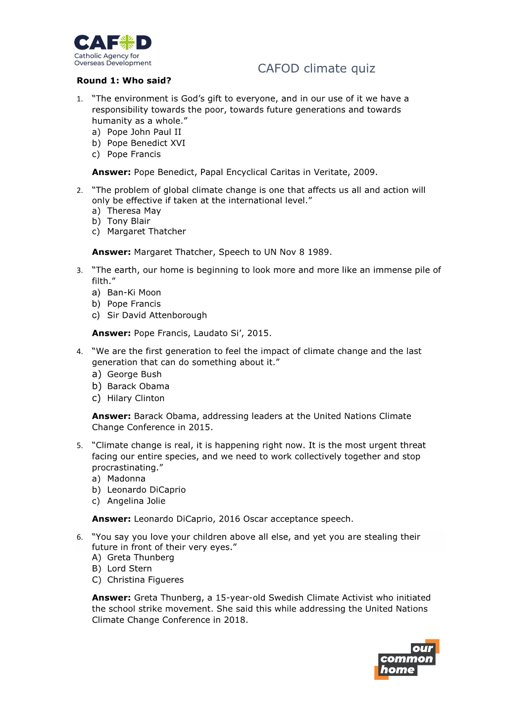 CAFOD Climate Quiz Round 1: Who Said?