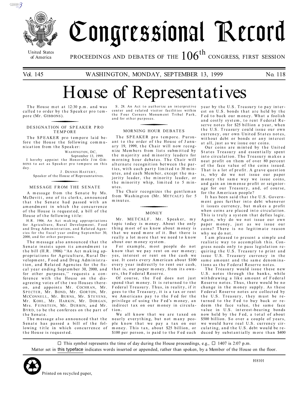 Congressional Record United States Th of America PROCEEDINGS and DEBATES of the 106 CONGRESS, FIRST SESSION