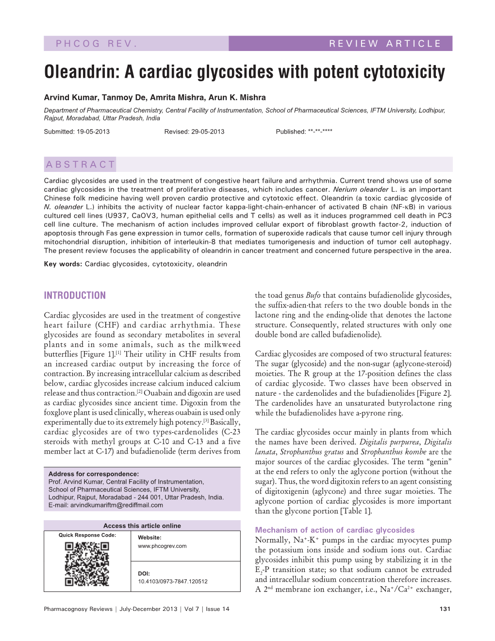 Oleandrin: a Cardiac Glycosides with Potent Cytotoxicity