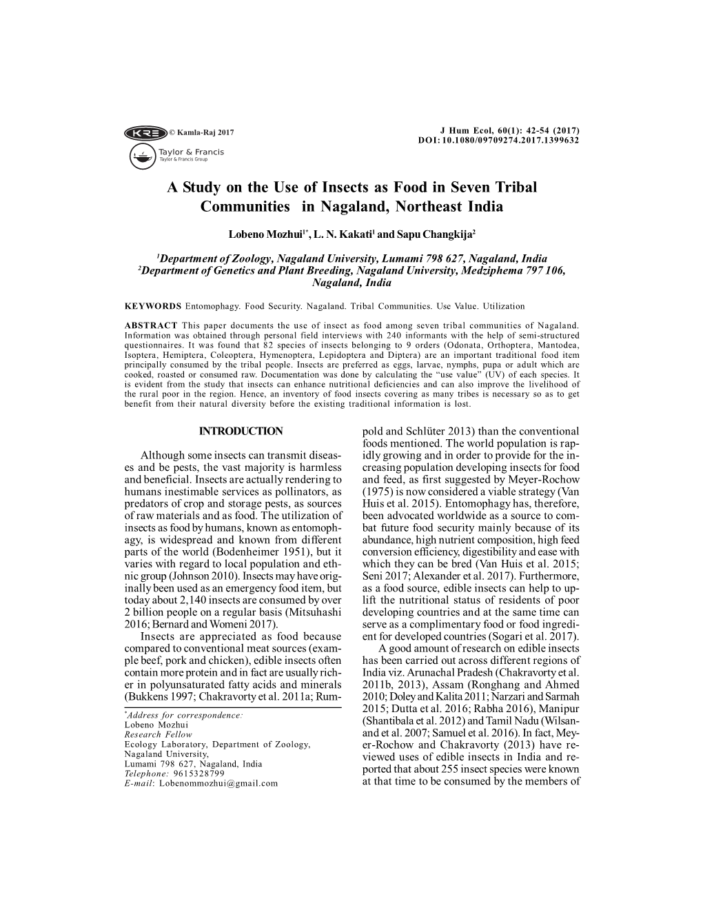 A Study on the Use of Insects As Food in Seven Tribal Communities in Nagaland, Northeast India