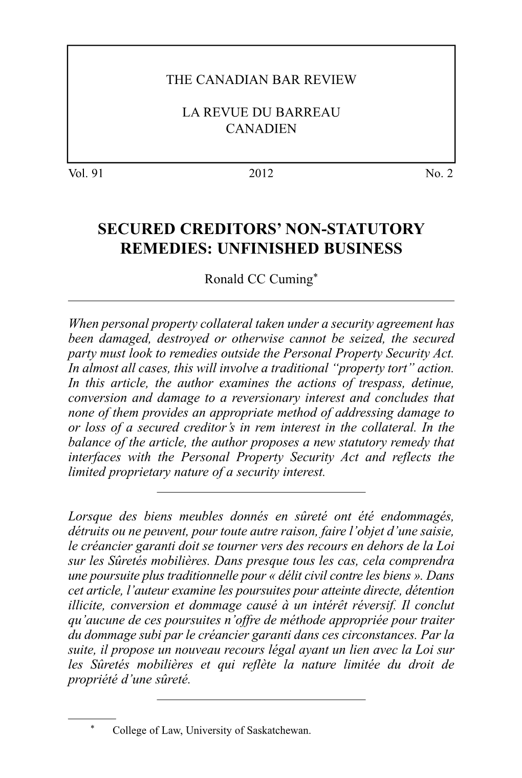 Secured Creditors' Non-Statutory Remedies