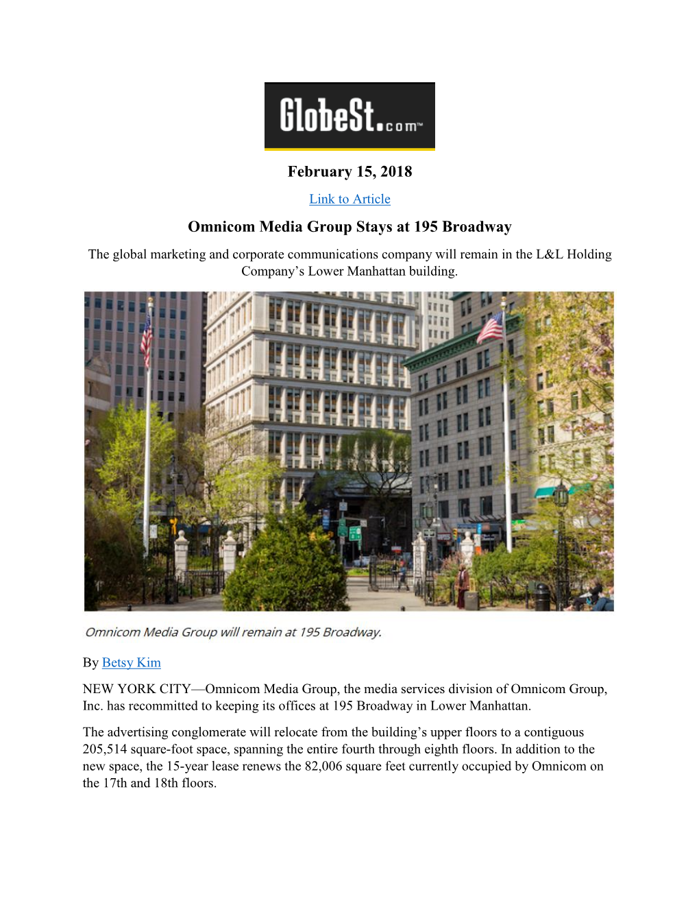 February 15, 2018 Omnicom Media Group Stays at 195 Broadway