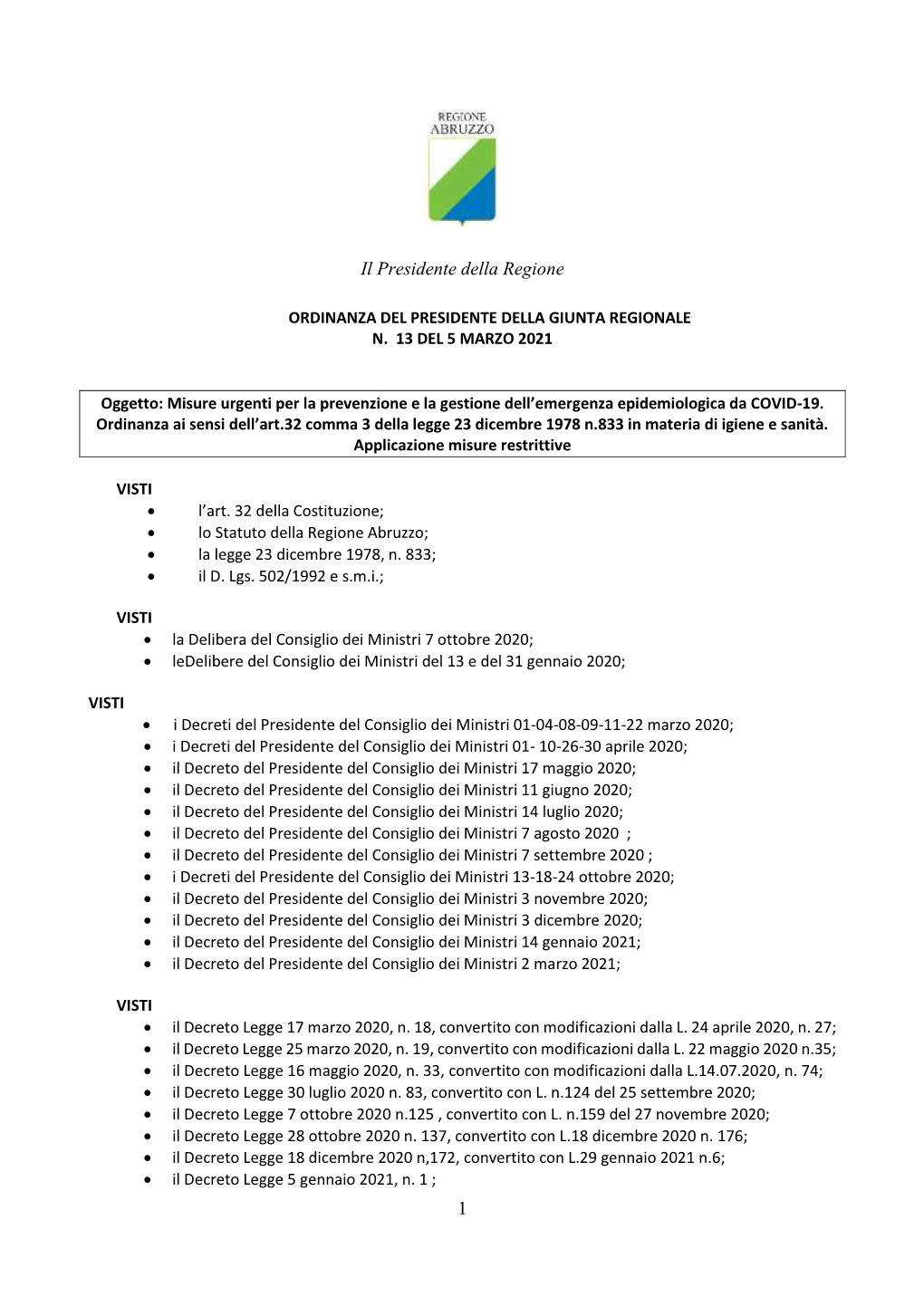 Ordinanza N 13 Del Presidente Della Giunta Regionale