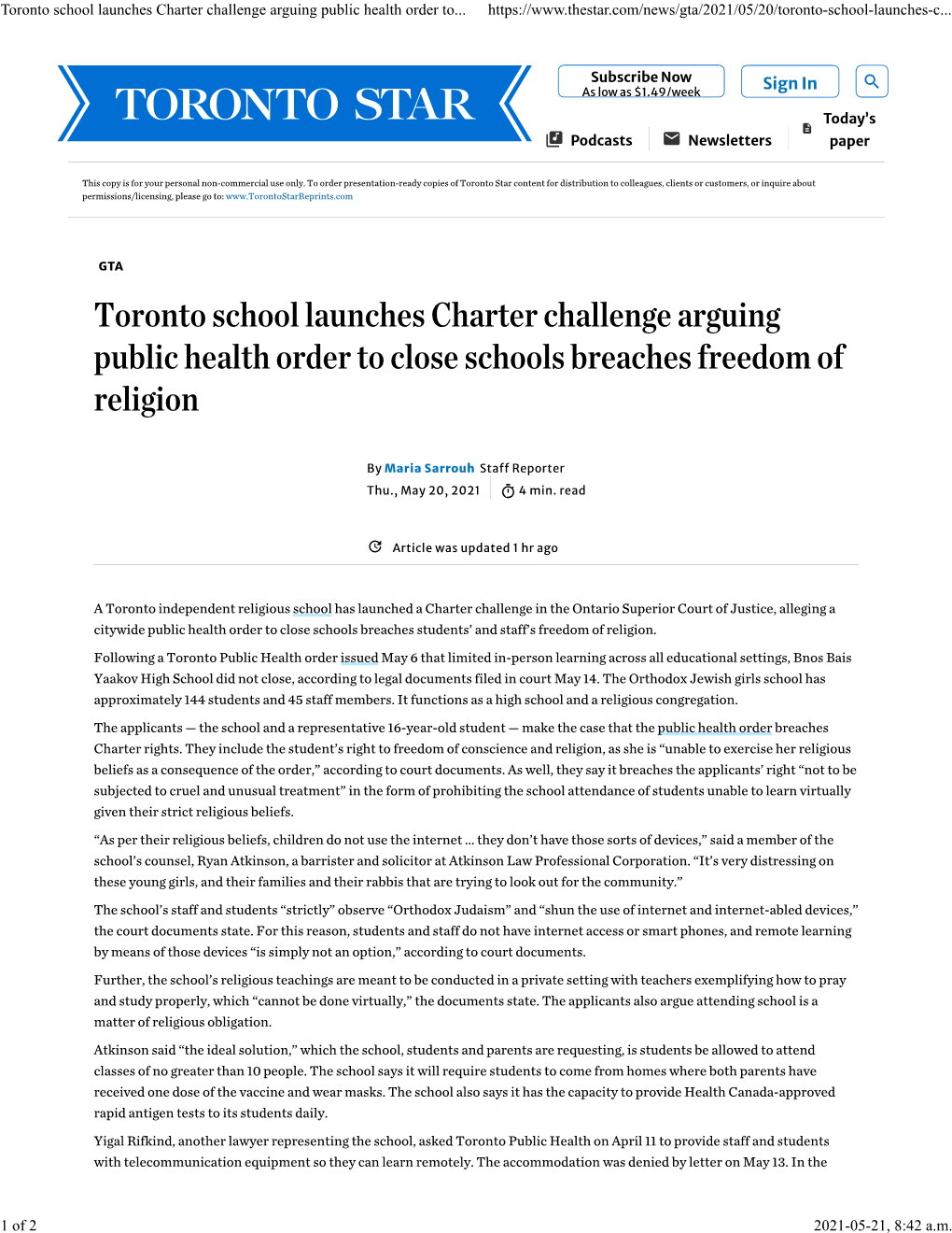 Toronto School Launches Charter Challenge Arguing Public Health Order To