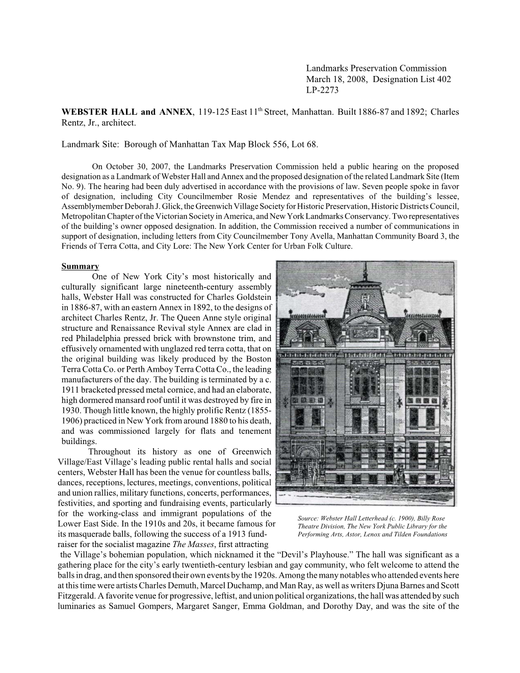 Landmarks Preservation Commission March 18, 2008, Designation List 402 LP-2273