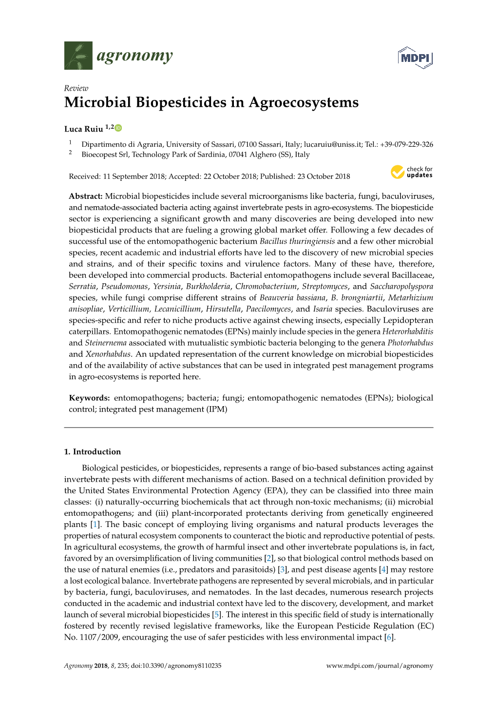 Microbial Biopesticides in Agroecosystems