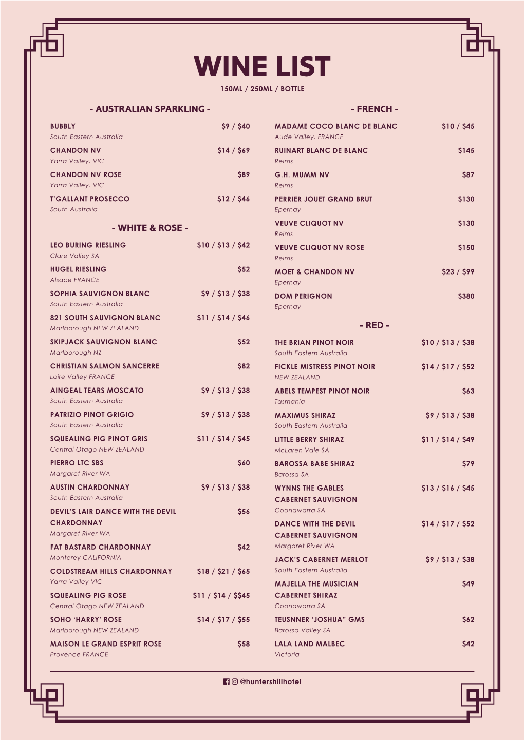 Wine List 150Ml / 250Ml / Bottle