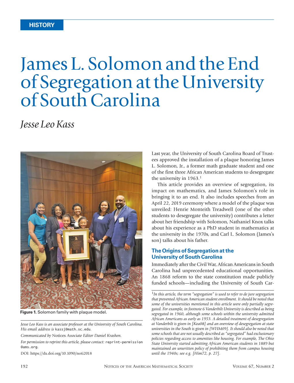 James L. Solomon and the End of Segregation at the University of South Carolina Jesse Leo Kass