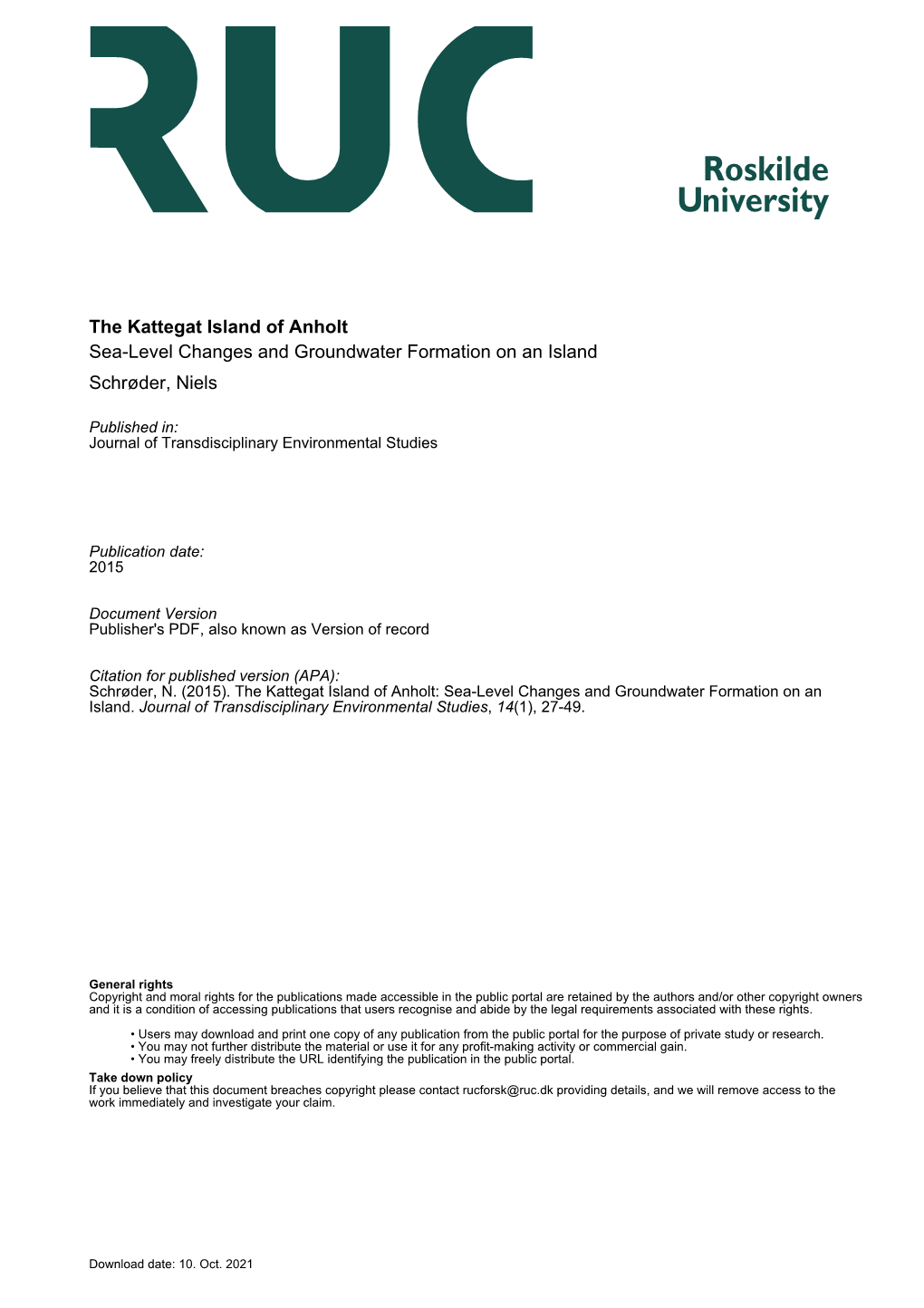 The Kattegat Island of Anholt Sea-Level Changes and Groundwater Formation on an Island Schrøder, Niels