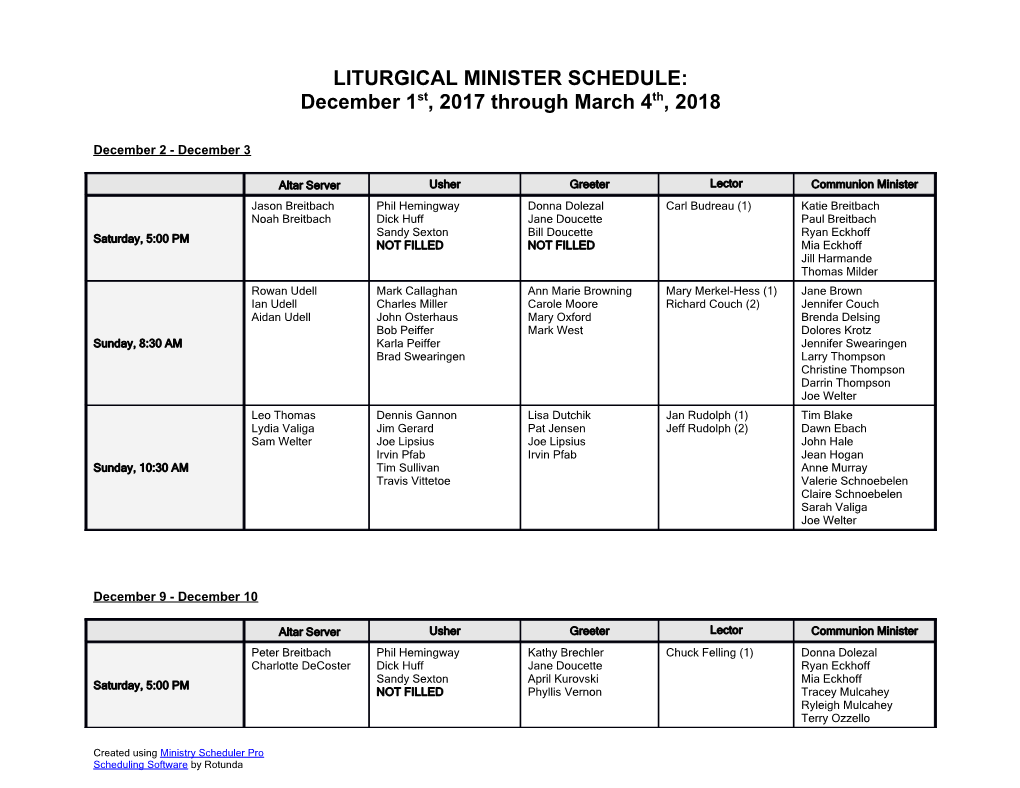 Liturgical Minister Schedule