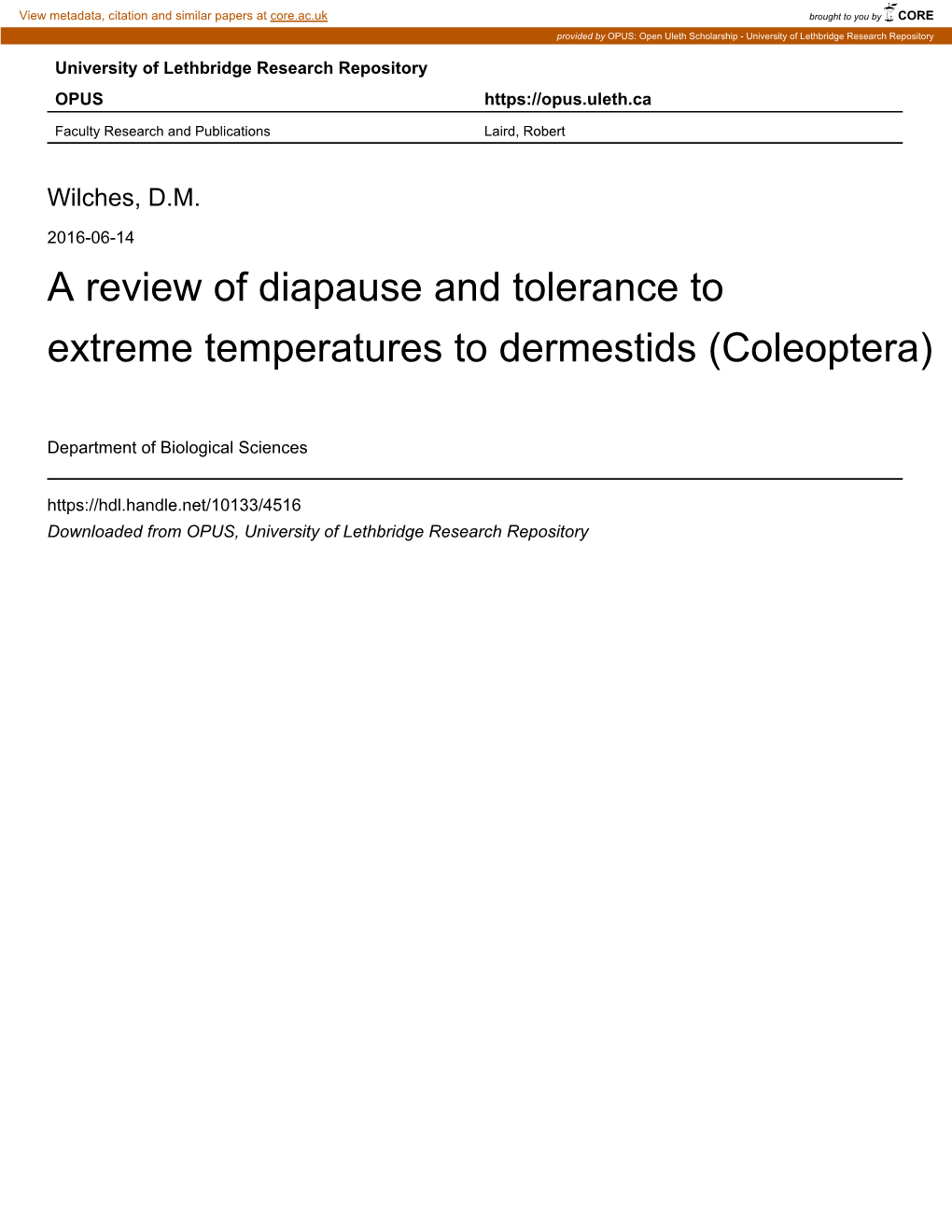 A Review of Diapause and Tolerance to Extreme Temperatures to Dermestids (Coleoptera)