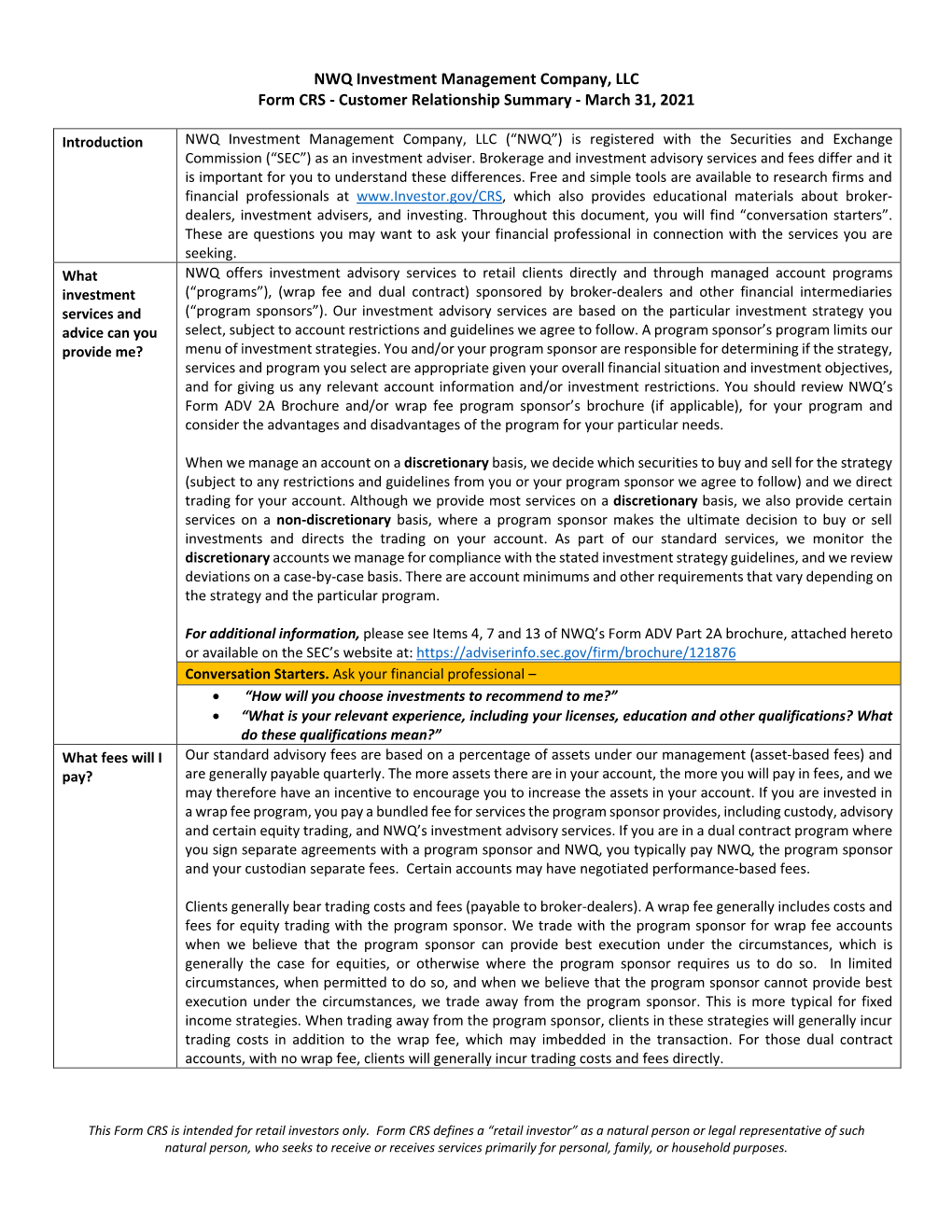 NWQ Investment Management Company, LLC Form CRS - Customer Relationship Summary - March 31, 2021