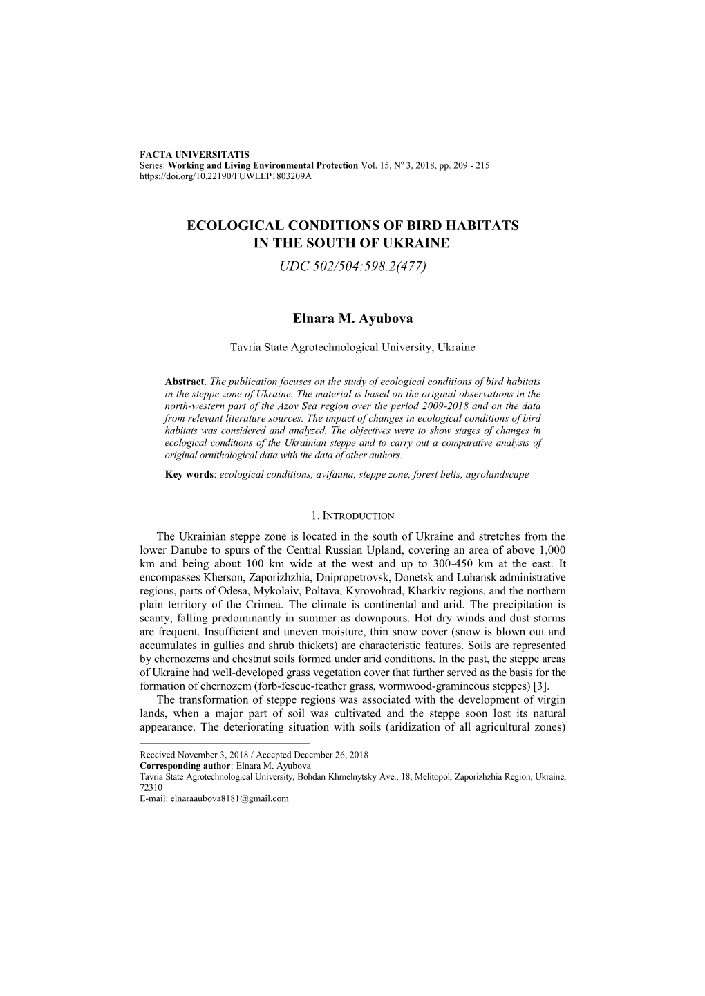 Ecological Conditions of Bird Habitats in the South of Ukraine Udc 502/504:598.2(477)