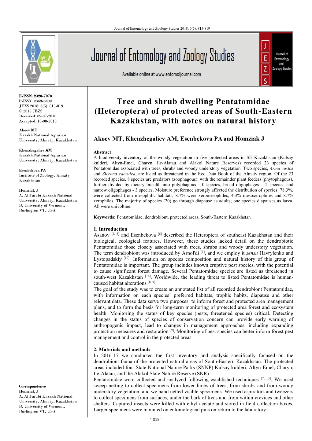 Heteroptera) of Protected Areas of South-Eastern Received: 09-07-2018 Accepted: 10-08-2018 Kazakhstan, with Notes on Natural History