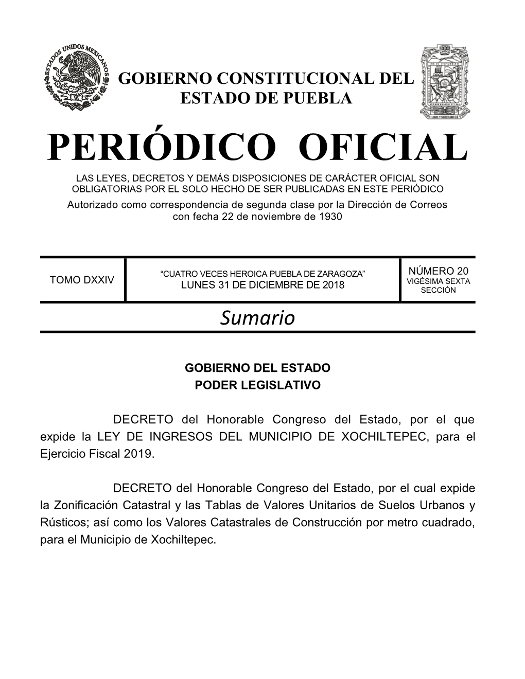 LEY DE INGRESOS DEL MUNICIPIO DE XOCHILTEPEC, Para El Ejercicio Fiscal 2019