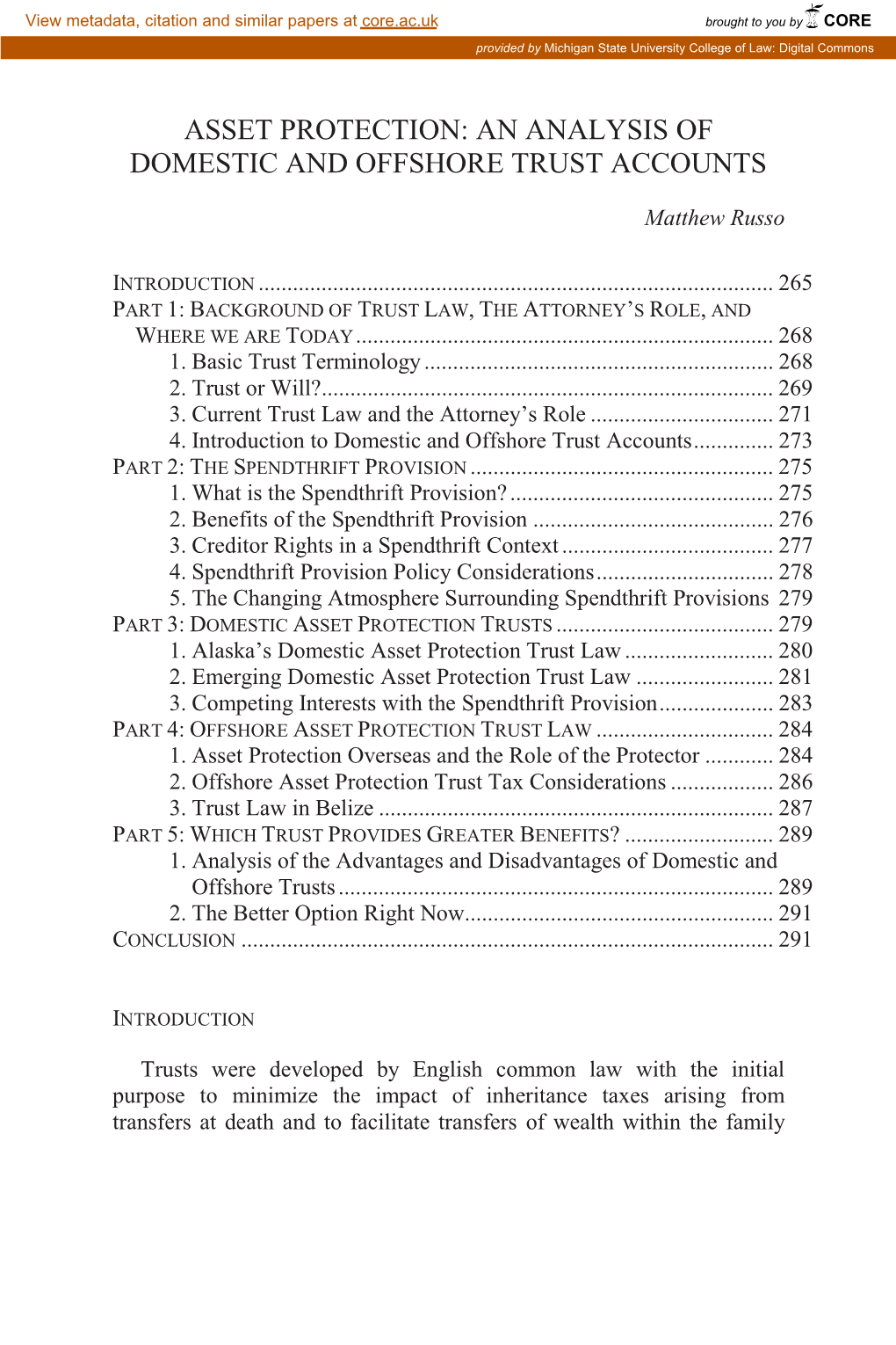 Asset Protection: an Analysis of Domestic and Offshore Trust Accounts