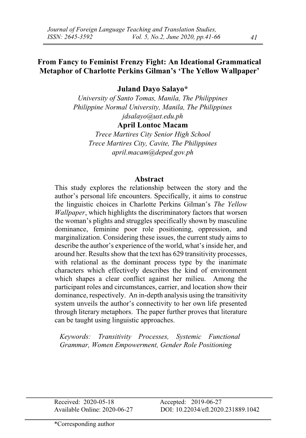 From Fancy to Feminist Frenzy Fight: an Ideational Grammatical Metaphor of Charlotte Perkins Gilman's 'The Yellow Wallpaper