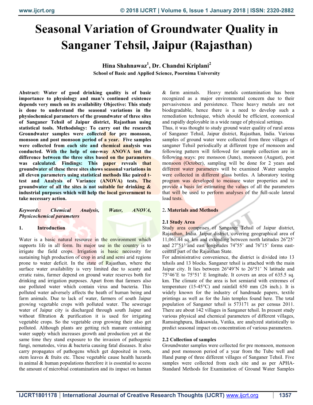 Seasonal Variation of Groundwater Quality in Sanganer Tehsil, Jaipur (Rajasthan)