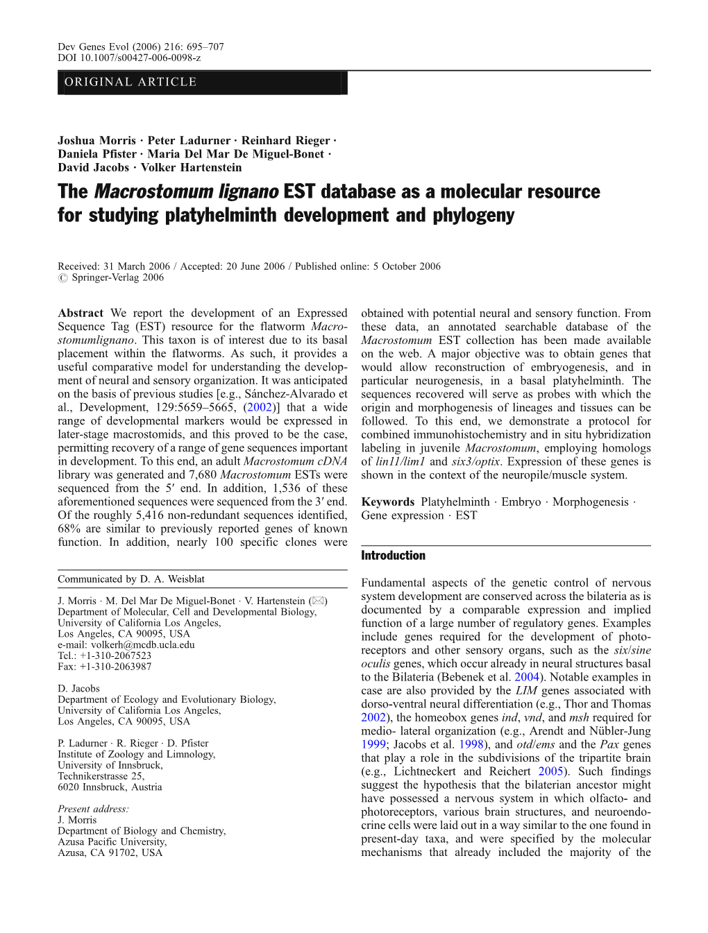 The Macrostomum Lignano EST Database As a Molecular Resource for Studying Platyhelminth Development and Phylogeny